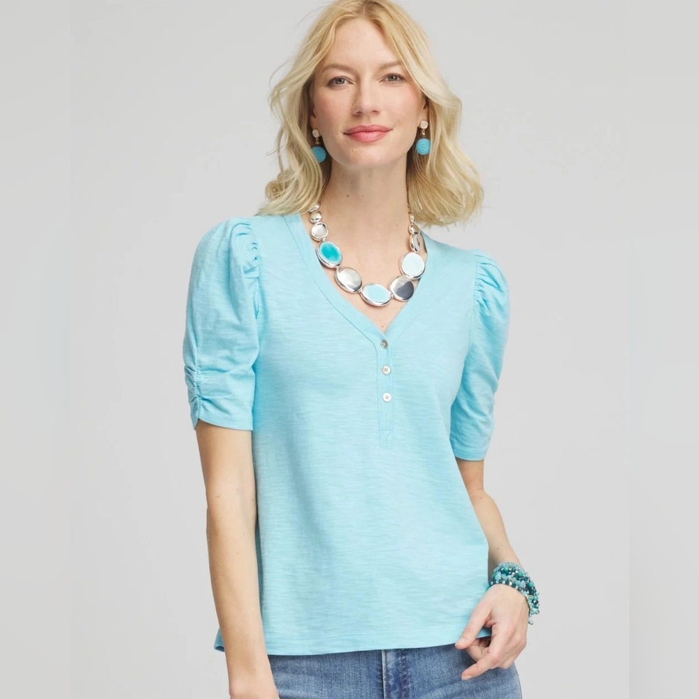 Chico's NWT Cotton Slub Shirred Sleeve Henley Tee Paradiso Blue 3/XL